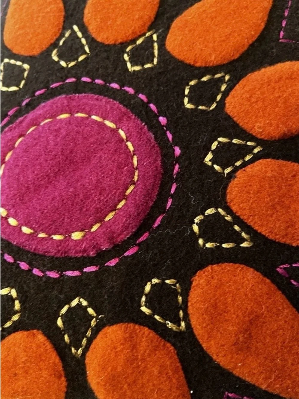 Crate&Barrel Brown Embroidered Floral Medallion Pillow with Orange, Pink & Olive